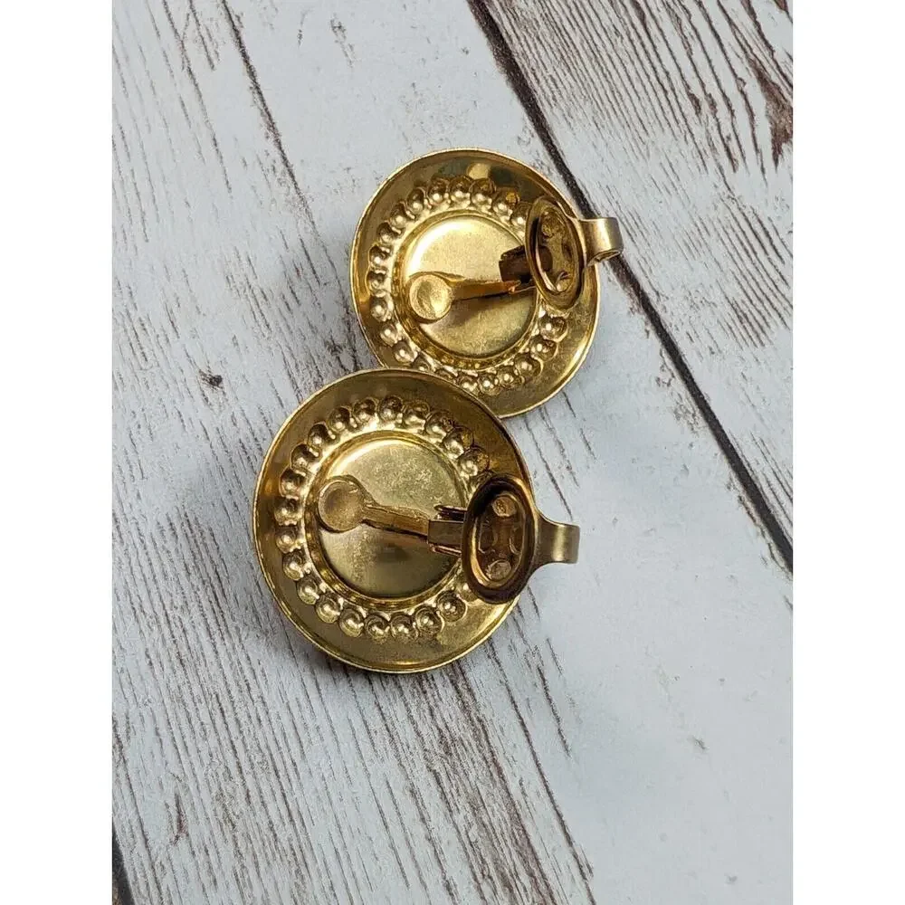Vintage Clip On Earrings Large Black & Brassy Gold Tone Just Under 1